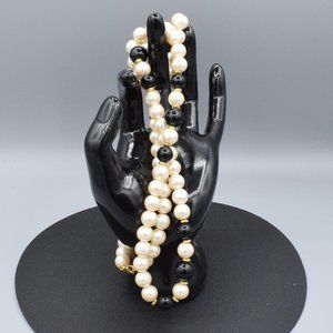 Vintage Faux Pearl & Black Bead Necklace 32"